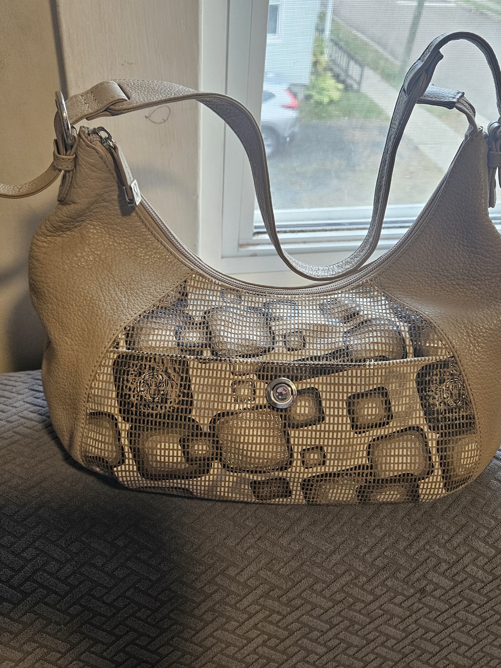 Soprano Beige Patterned Shoulder Bag with Tan Accents